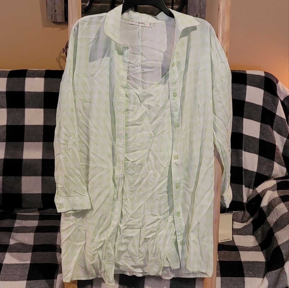 Womens button up Long shirt and mini dress combo. Light lime green size XS